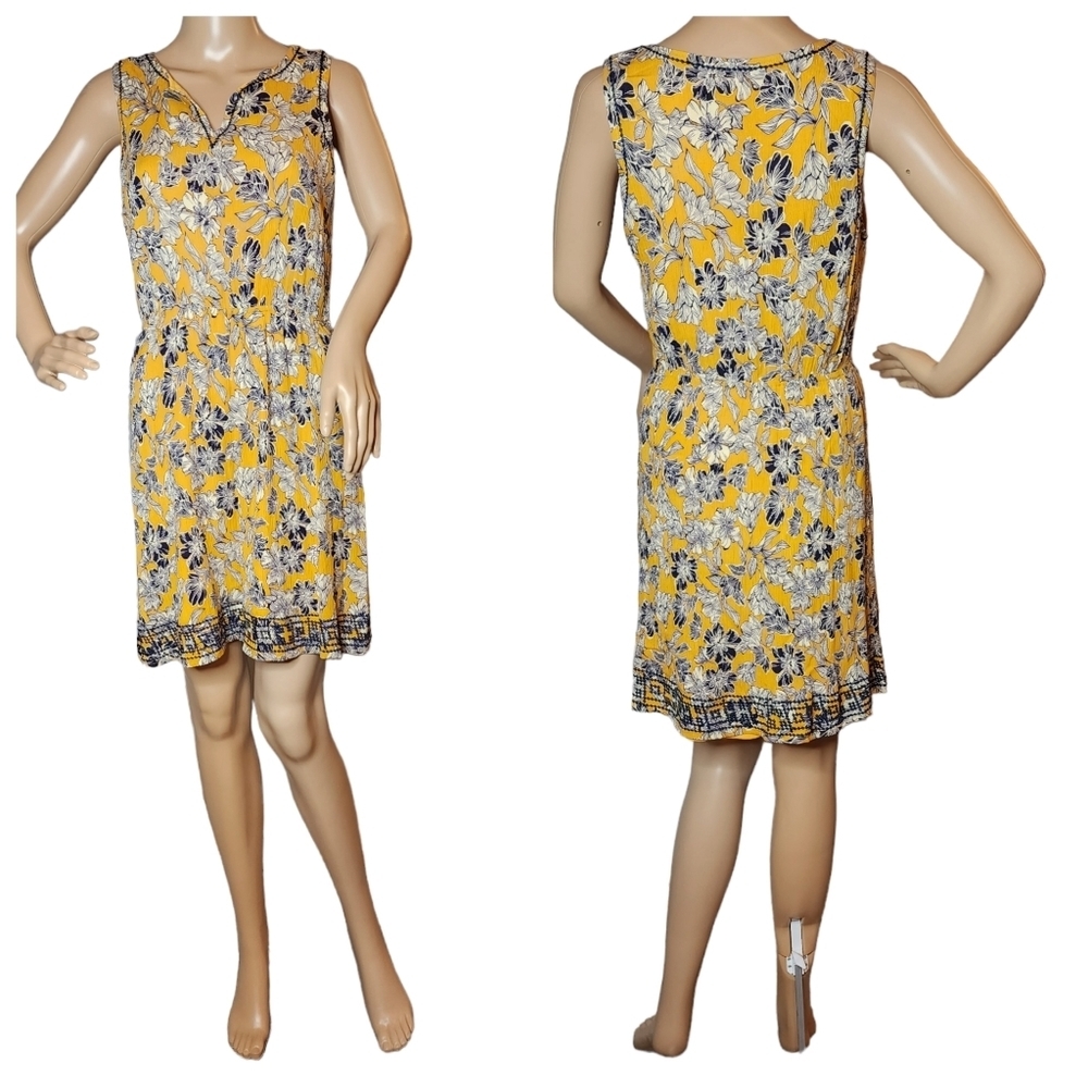 Market & Spruce Auria embroidered dress. Yellow/Navy floral. Stretch. Medium.